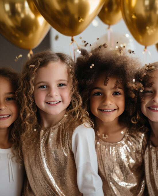Happy kids with balloons celebrating birthday